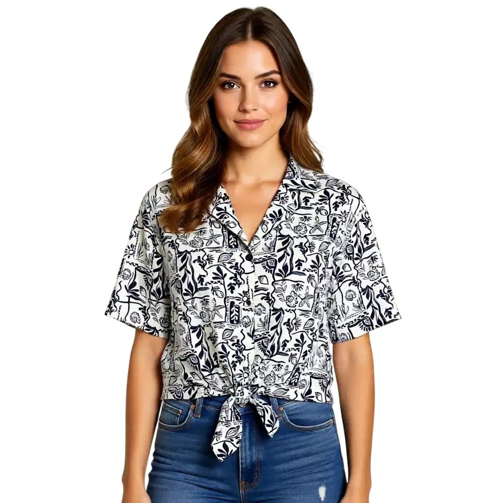 A.U.W. LAINY Womens White Black Coastal Botanical Tie Front Button Top M NWT